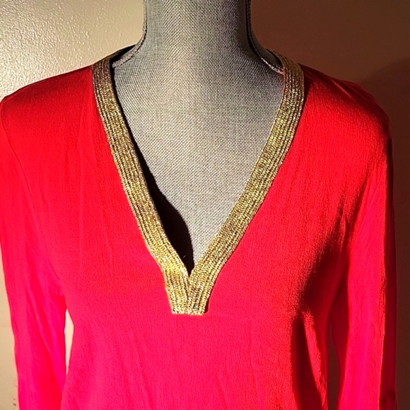 Michael Kors Woman's Long Sleeve Red With Gold Neckline Trim Blouse, Size: M - Picture 2 of 9
